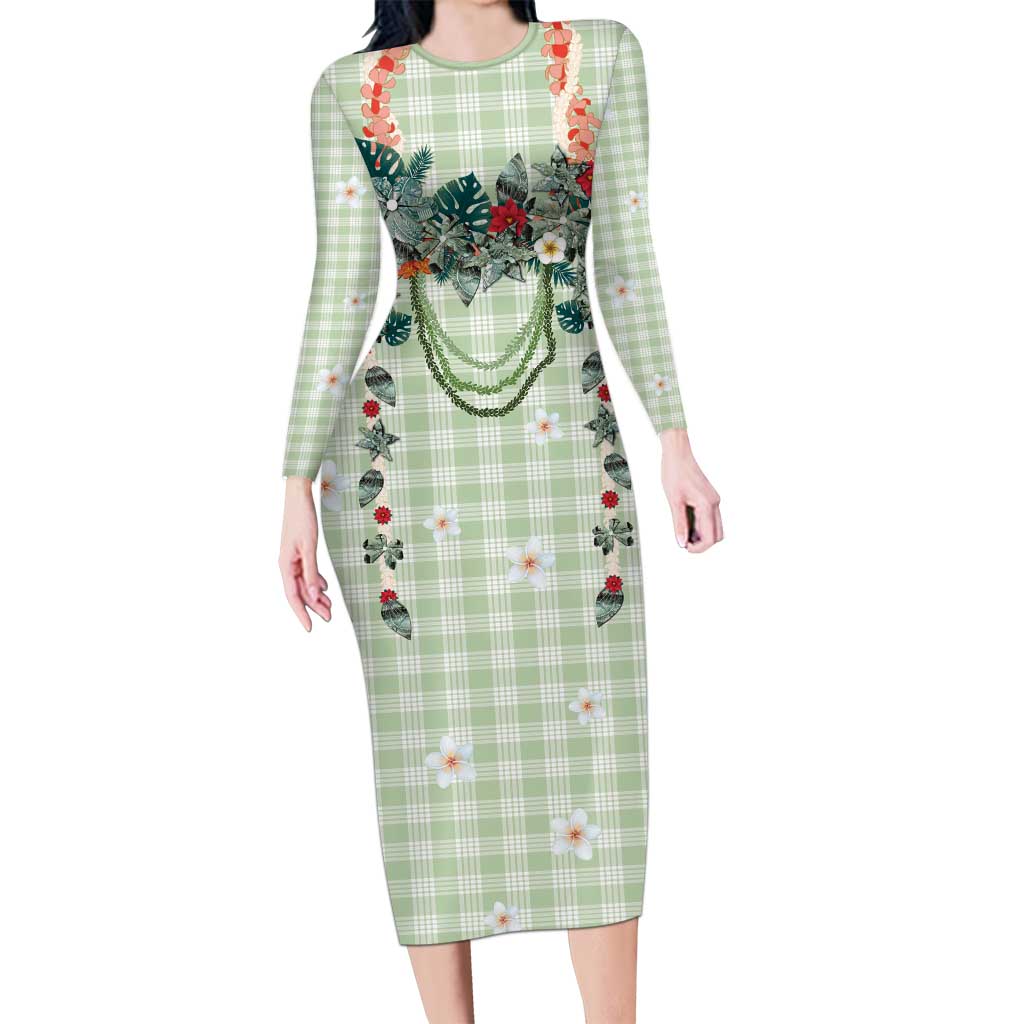 Sage Green Hawaiian Palaka Family Matching Long Sleeve Bodycon Dress and Hawaiian Shirt Kukui Nut Money Lei - Polynesian Pride