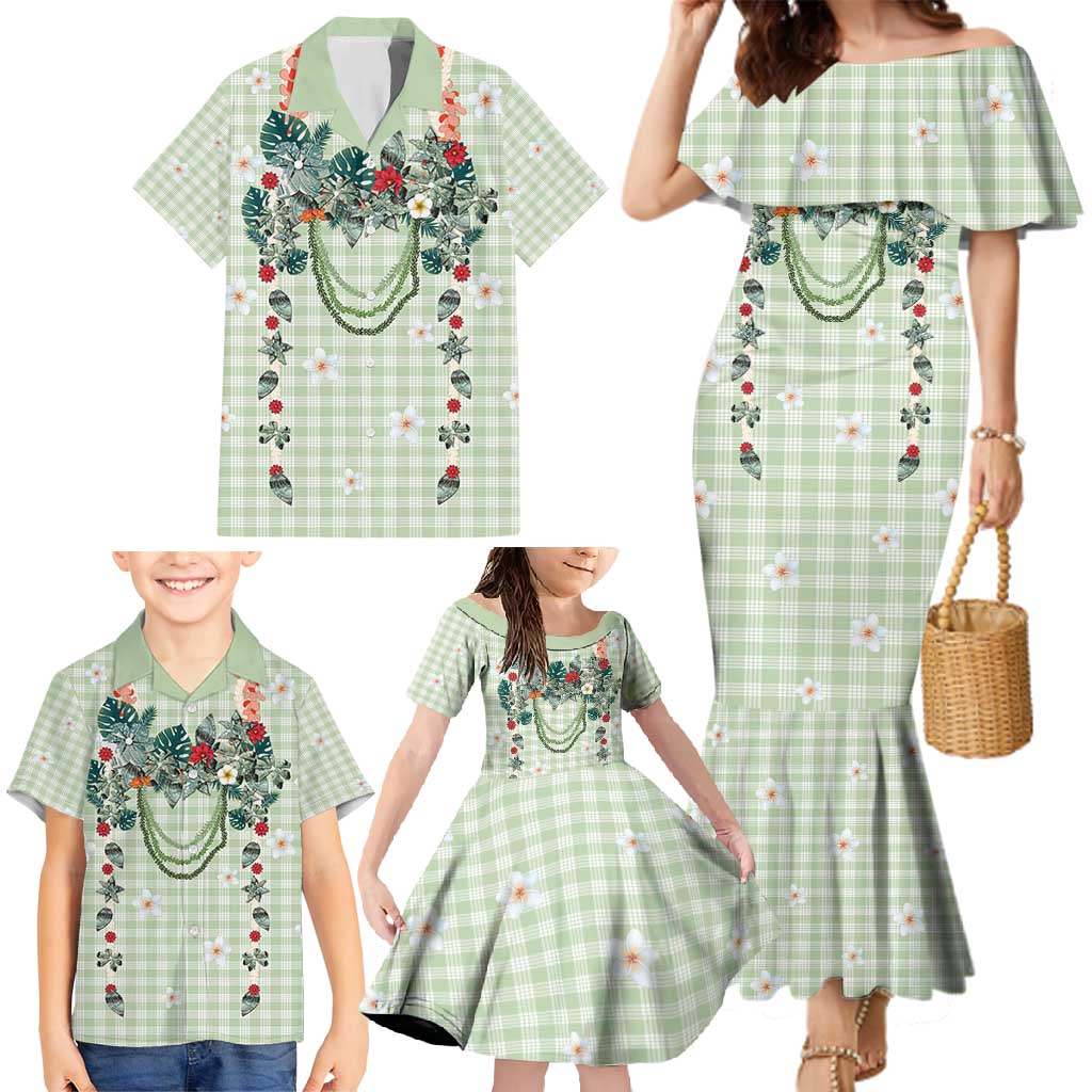 Sage Green Hawaiian Palaka Family Matching Mermaid Dress and Hawaiian Shirt Kukui Nut Money Lei - Polynesian Pride