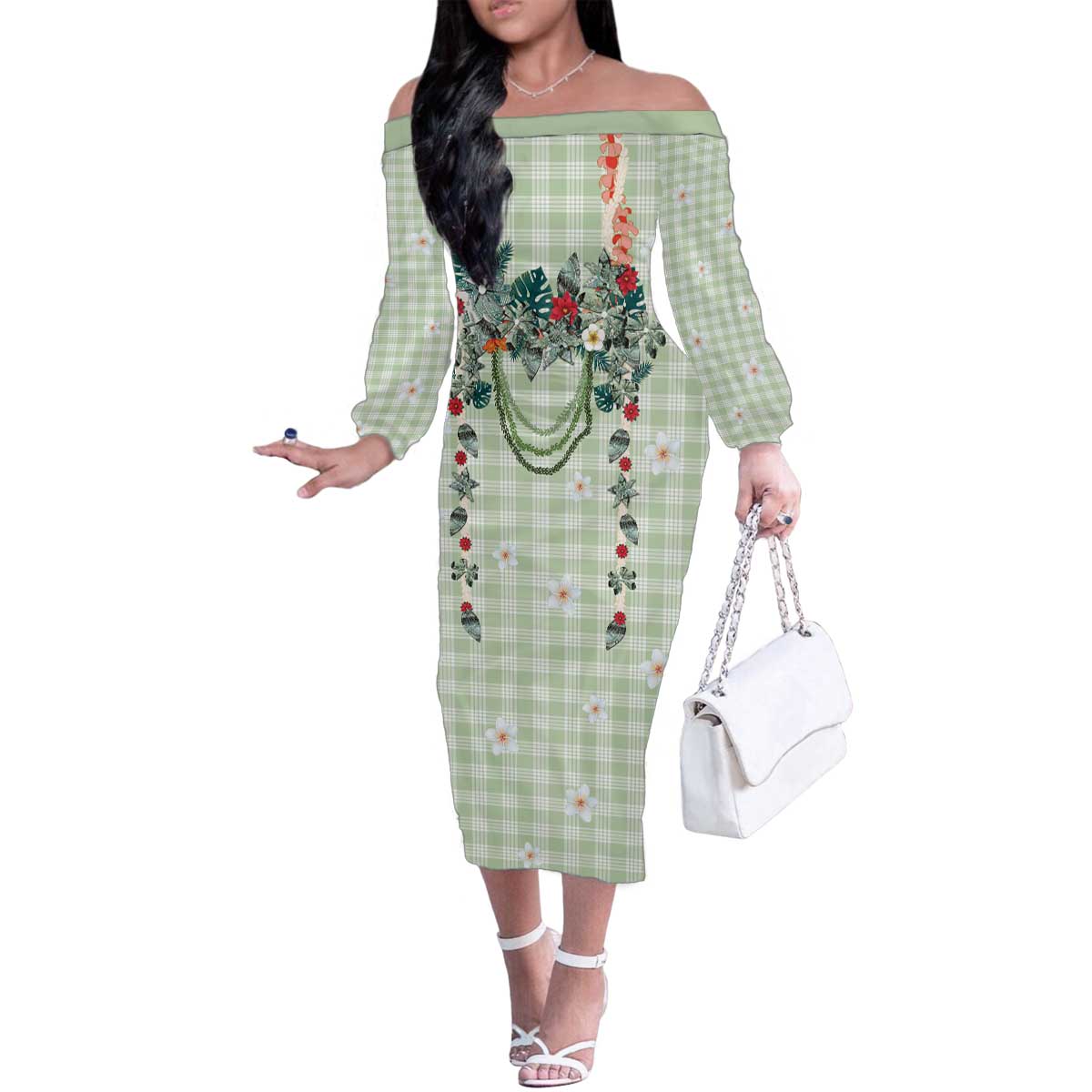 Sage Green Hawaiian Palaka Family Matching Off The Shoulder Long Sleeve Dress and Hawaiian Shirt Kukui Nut Money Lei - Polynesian Pride
