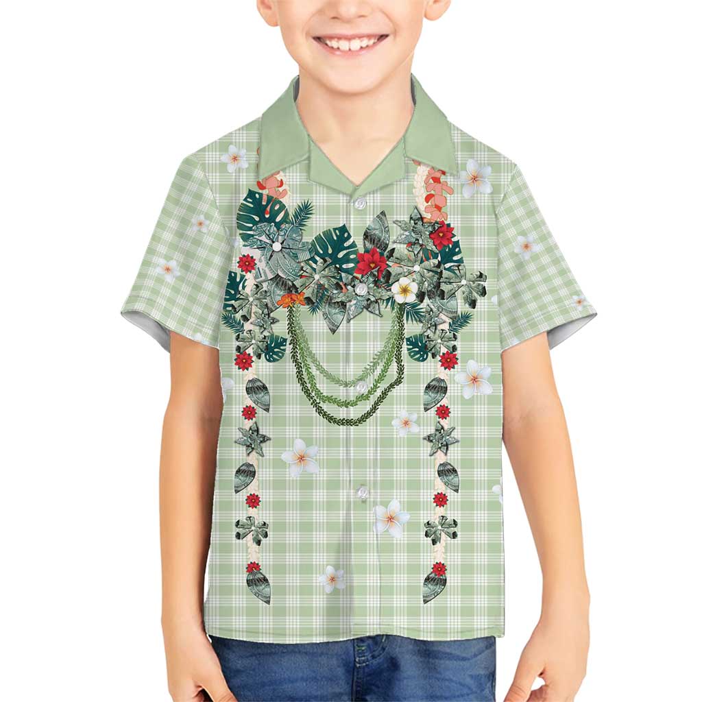 Sage Green Hawaiian Palaka Family Matching Off Shoulder Maxi Dress and Hawaiian Shirt Kukui Nut Money Lei - Polynesian Pride