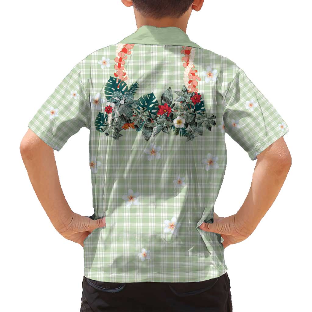 Sage Green Hawaiian Palaka Family Matching Off Shoulder Short Dress and Hawaiian Shirt Kukui Nut Money Lei - Polynesian Pride