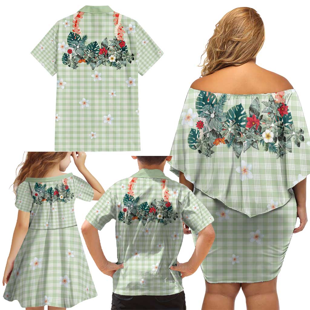 Sage Green Hawaiian Palaka Family Matching Off Shoulder Short Dress and Hawaiian Shirt Kukui Nut Money Lei - Polynesian Pride