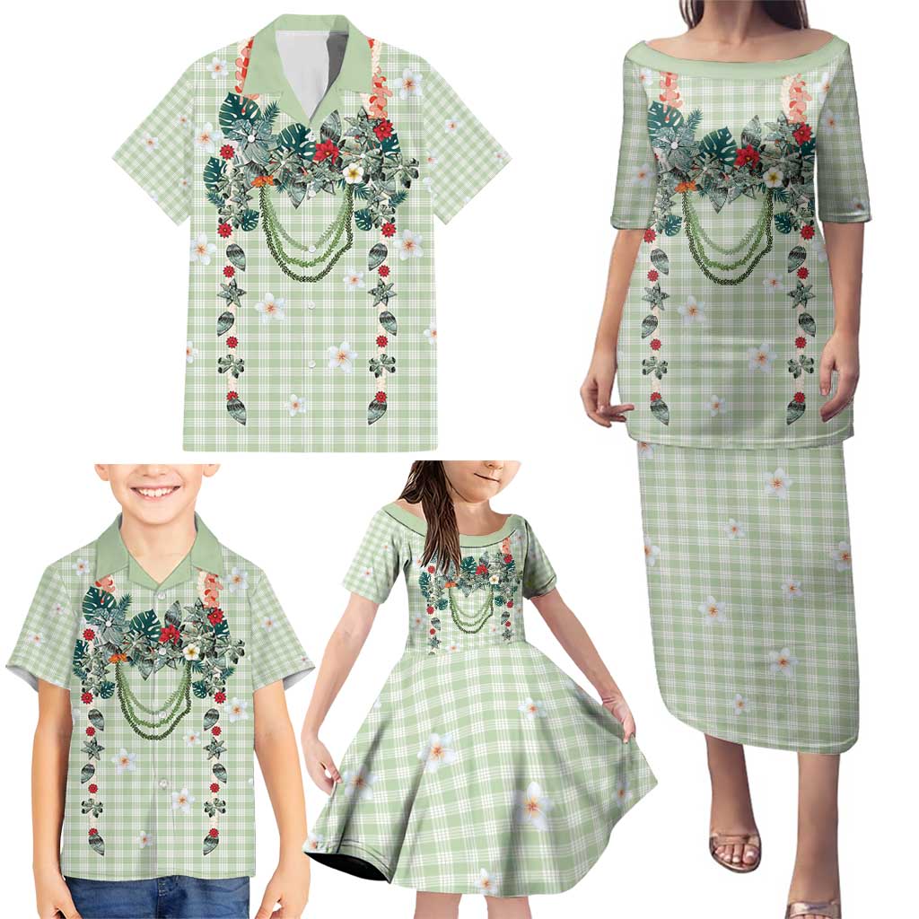 Sage Green Hawaiian Palaka Family Matching Puletasi and Hawaiian Shirt Kukui Nut Money Lei - Polynesian Pride