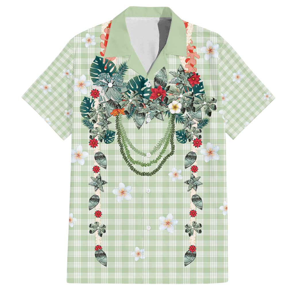 Sage Green Hawaiian Palaka Family Matching Puletasi and Hawaiian Shirt Kukui Nut Money Lei - Polynesian Pride
