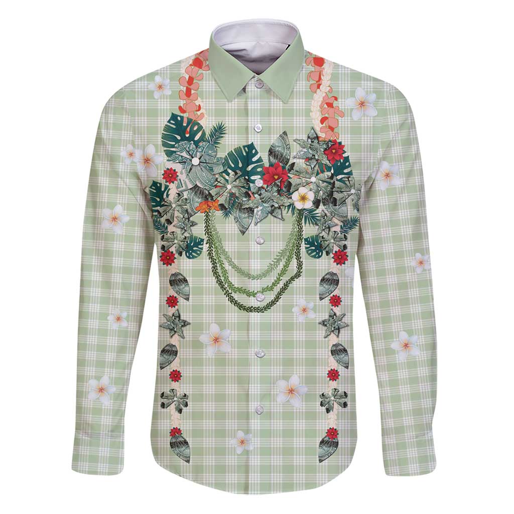 Sage Green Hawaiian Palaka Family Matching Puletasi and Hawaiian Shirt Kukui Nut Money Lei - Polynesian Pride