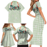 Sage Green Hawaiian Palaka Family Matching Short Sleeve Bodycon Dress and Hawaiian Shirt Kukui Nut Money Lei - Polynesian Pride