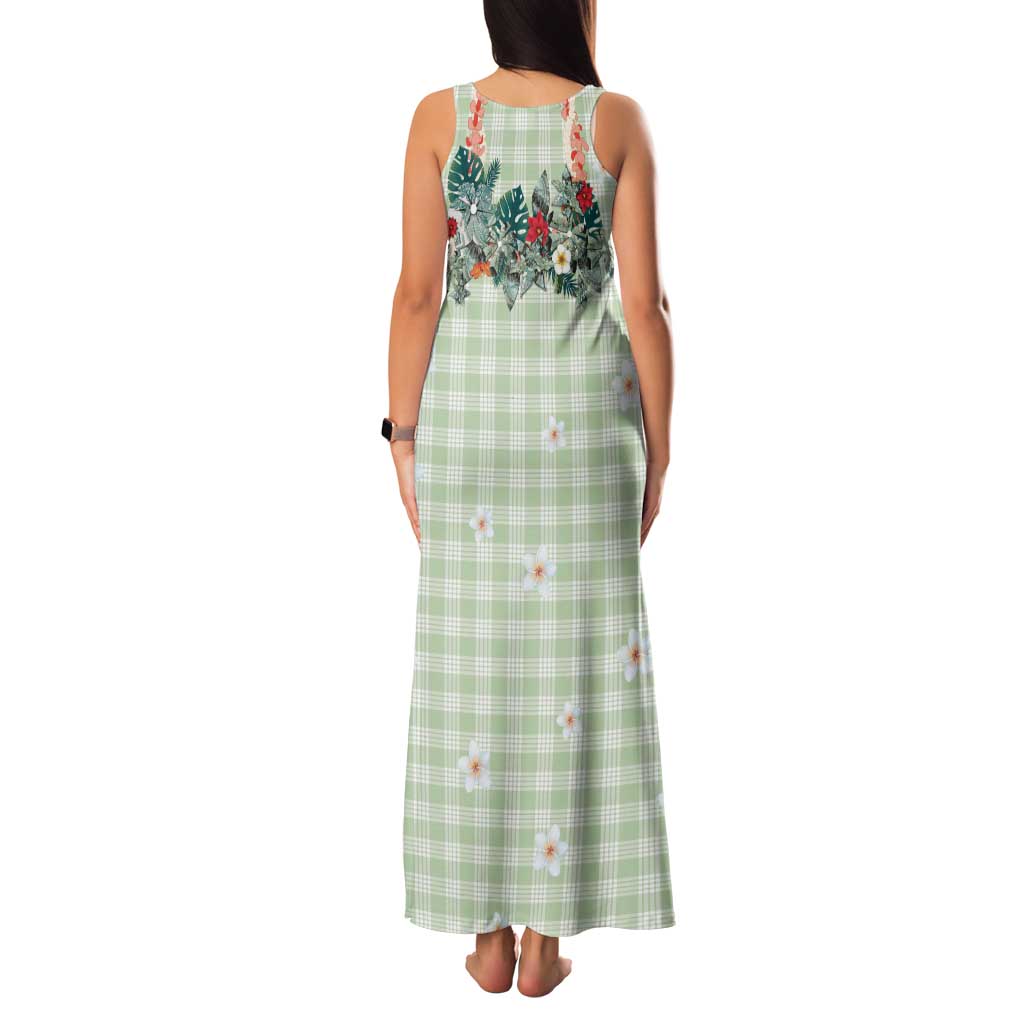 Sage Green Hawaiian Palaka Family Matching Tank Maxi Dress and Hawaiian Shirt Kukui Nut Money Lei - Polynesian Pride