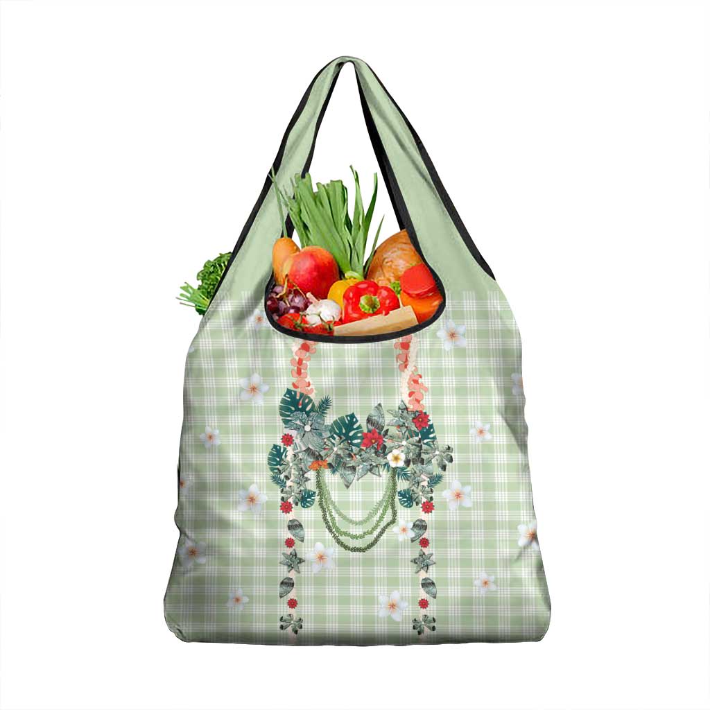 Sage Green Hawaiian Palaka Grocery Bag Kukui Nut Money Lei - Polynesian Pride