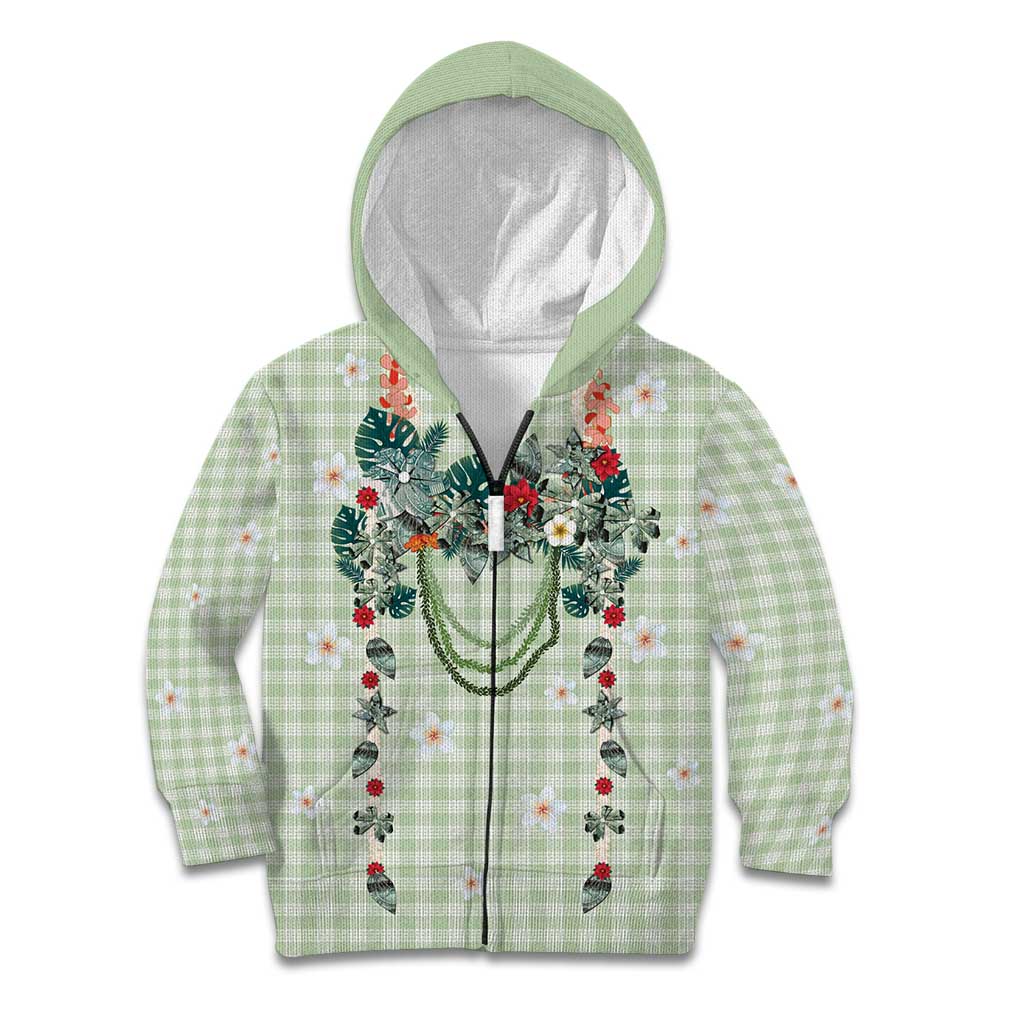Sage Green Hawaiian Palaka Kid Hoodie Kukui Nut Money Lei - Polynesian Pride