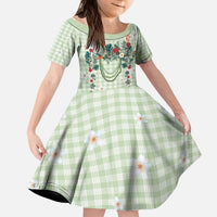 Sage Green Hawaiian Palaka Kid Short Sleeve Dress Kukui Nut Money Lei - Polynesian Pride