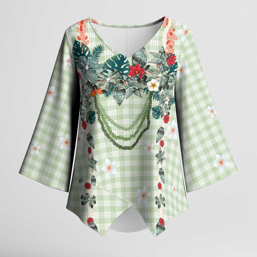 Sage Green Hawaiian Palaka Kimono Sleeve Blouse Kukui Nut Money Lei - Polynesian Pride