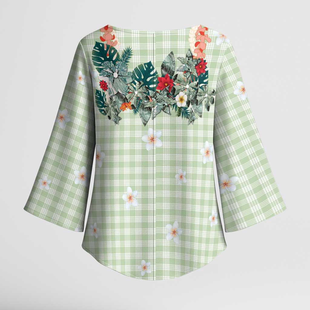 Sage Green Hawaiian Palaka Kimono Sleeve Blouse Kukui Nut Money Lei - Polynesian Pride