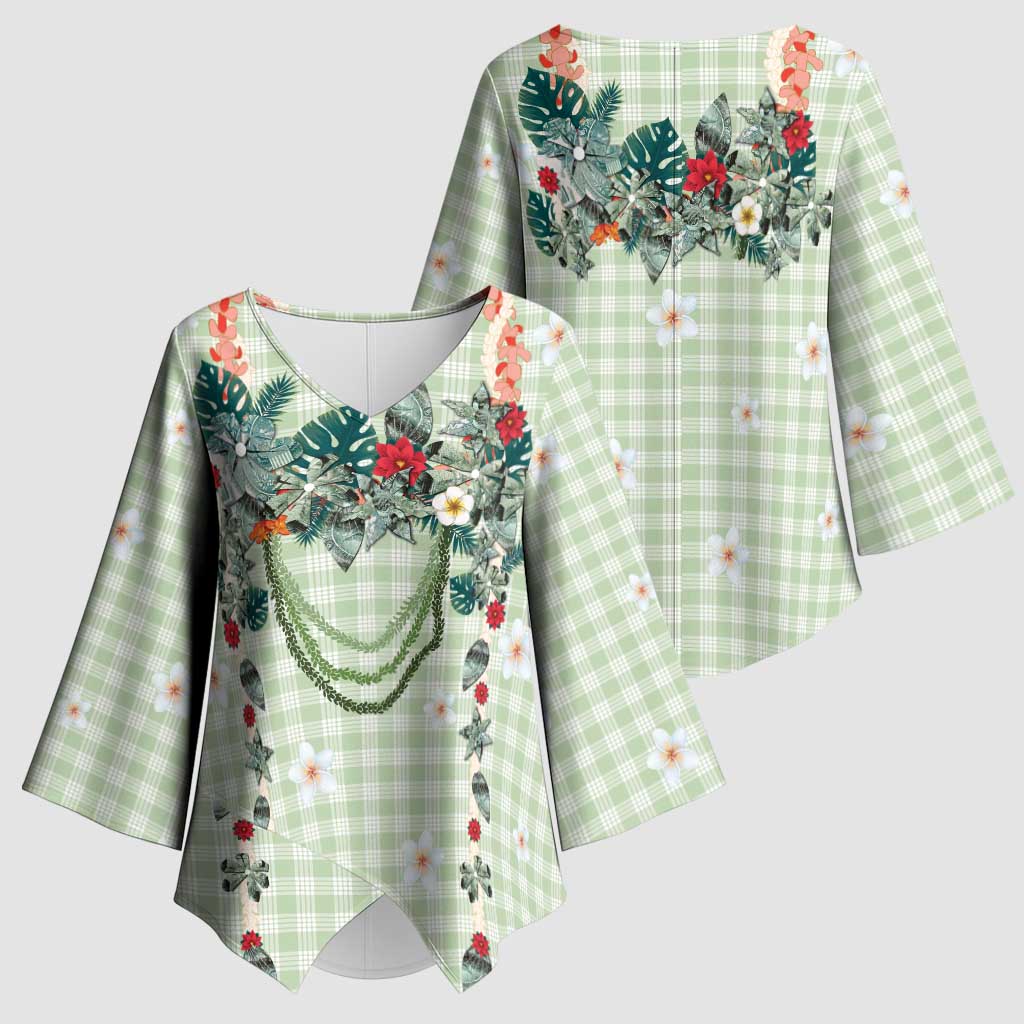 Sage Green Hawaiian Palaka Kimono Sleeve Blouse Kukui Nut Money Lei - Polynesian Pride