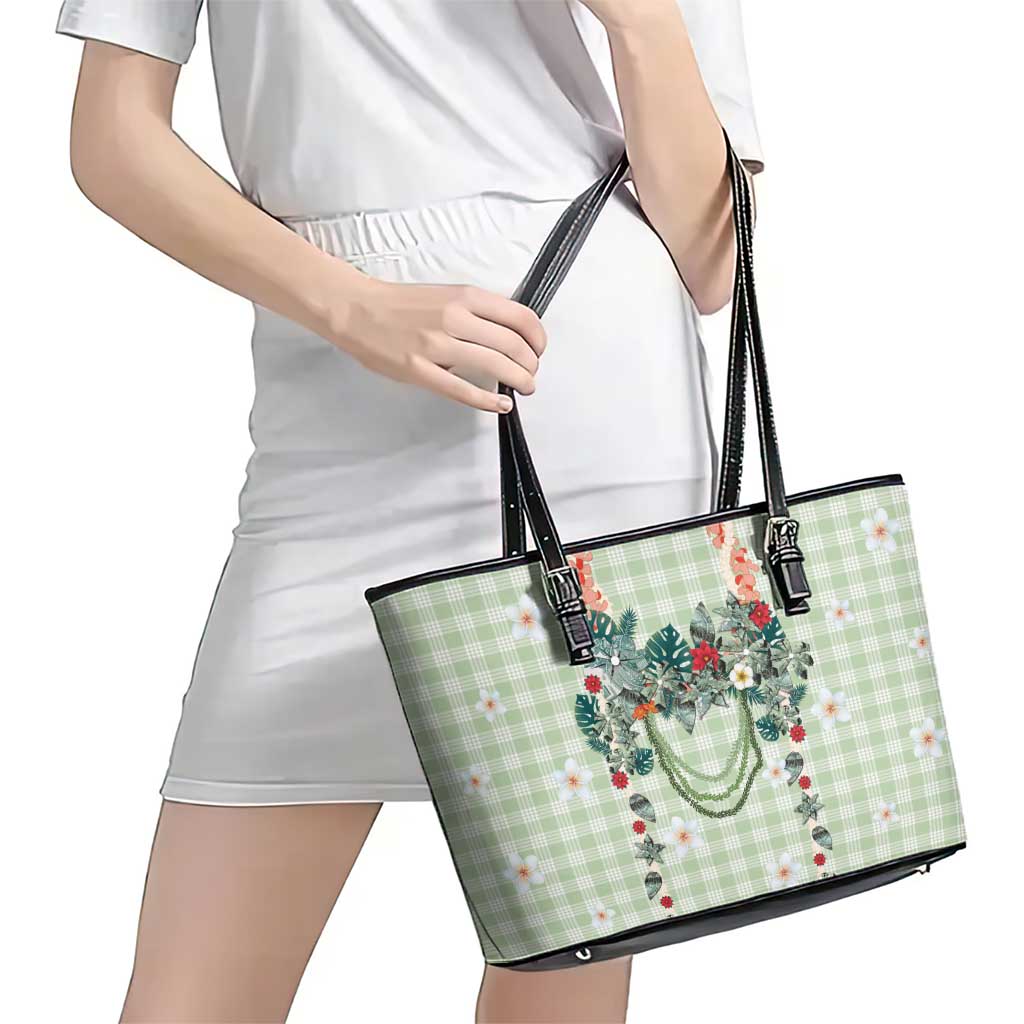 Sage Green Hawaiian Palaka Leather Tote Bag Kukui Nut Money Lei - Polynesian Pride