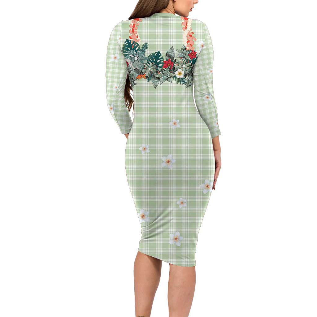 Sage Green Hawaiian Palaka Long Sleeve Bodycon Dress Kukui Nut Money Lei - Polynesian Pride