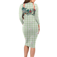 Sage Green Hawaiian Palaka Long Sleeve Bodycon Dress Kukui Nut Money Lei - Polynesian Pride