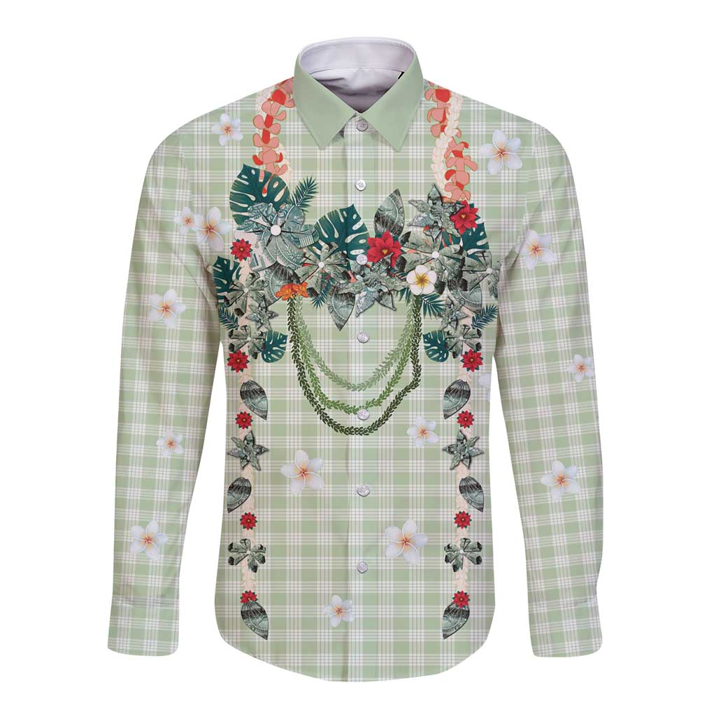 Sage Green Hawaiian Palaka Long Sleeve Button Shirt Kukui Nut Money Lei - Polynesian Pride