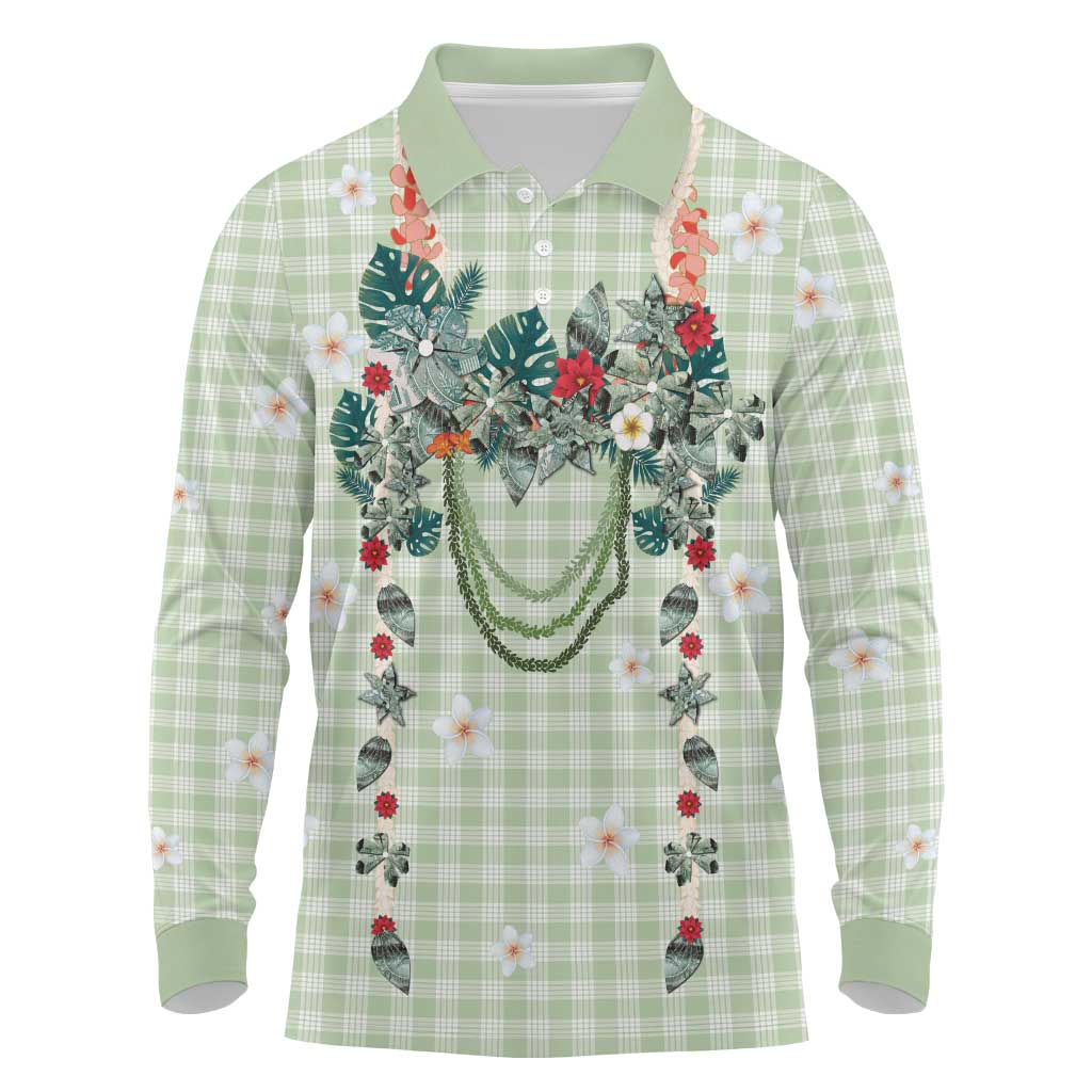 Sage Green Hawaiian Palaka Long Sleeve Polo Shirt Kukui Nut Money Lei - Polynesian Pride