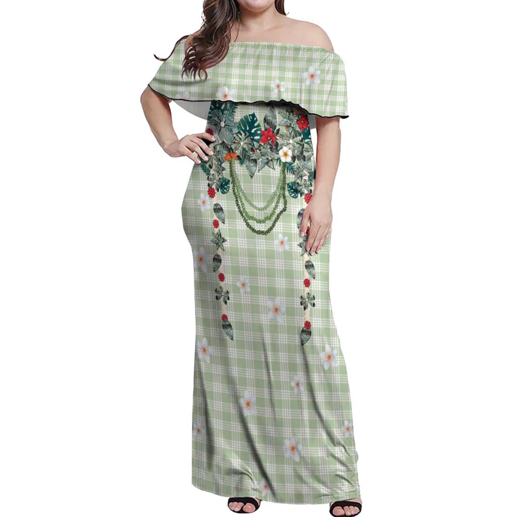 Sage Green Hawaiian Palaka Off Shoulder Maxi Dress Kukui Nut Money Lei - Polynesian Pride