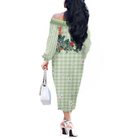 Sage Green Hawaiian Palaka Off The Shoulder Long Sleeve Dress Kukui Nut Money Lei - Polynesian Pride