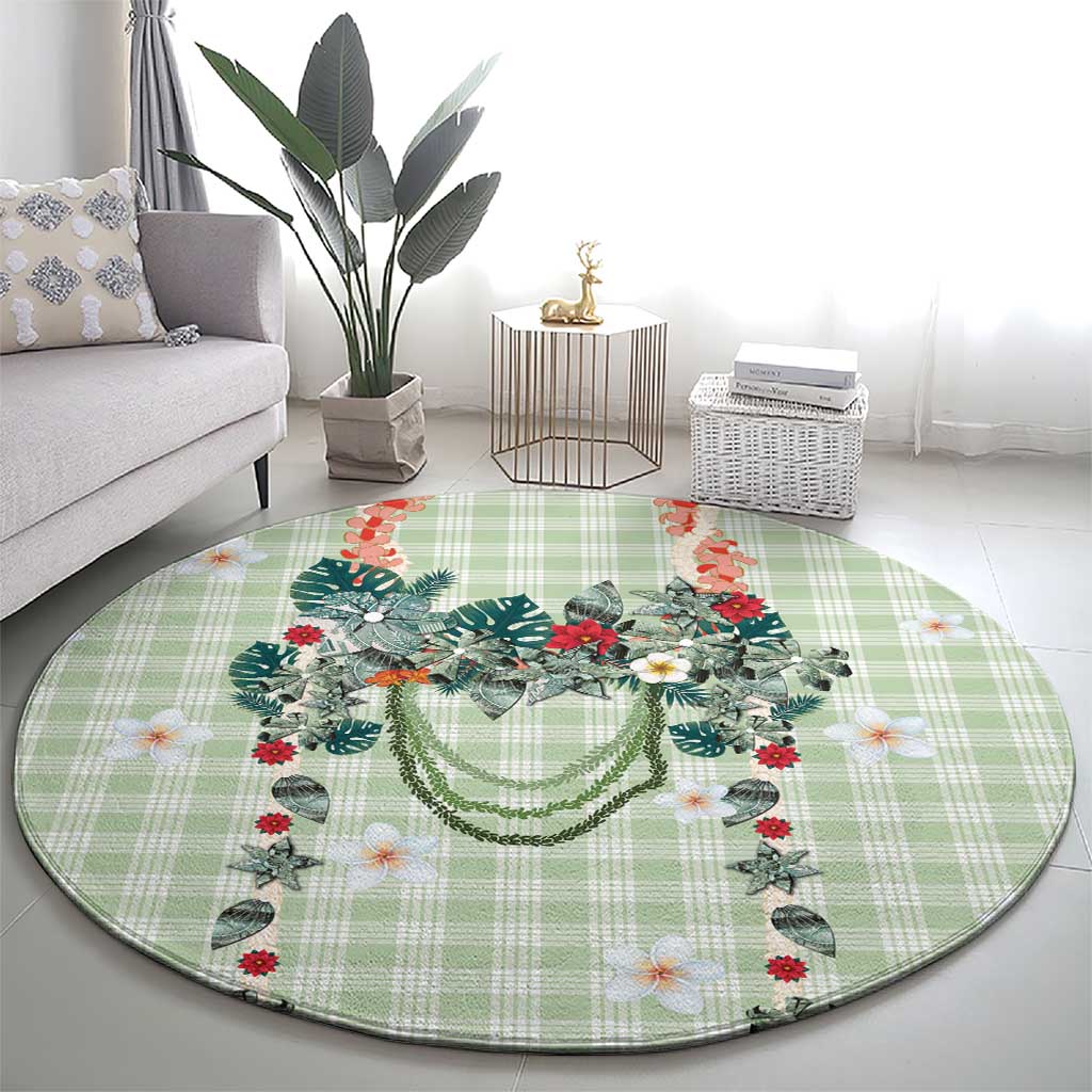 Sage Green Hawaiian Palaka Round Carpet Kukui Nut Money Lei - Polynesian Pride