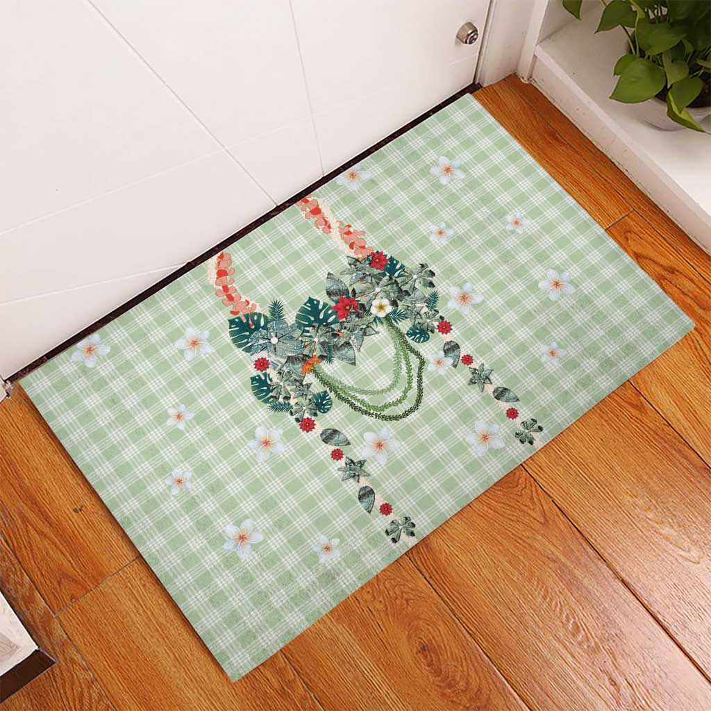 Sage Green Hawaiian Palaka Rubber Doormat Kukui Nut Money Lei - Polynesian Pride