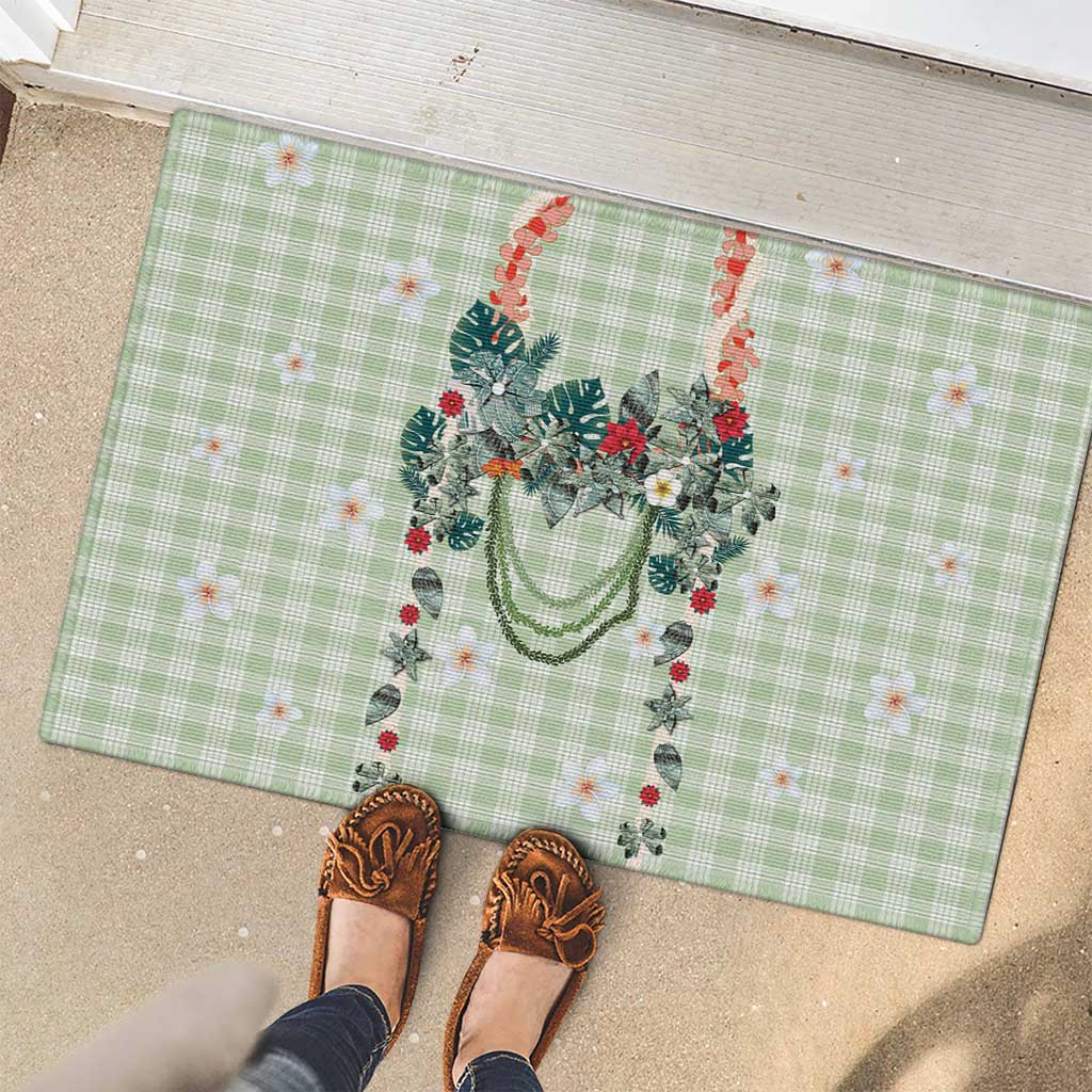 Sage Green Hawaiian Palaka Rubber Doormat Kukui Nut Money Lei - Polynesian Pride