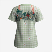 Sage Green Hawaiian Palaka Scrub Top Kukui Nut Money Lei - Polynesian Pride