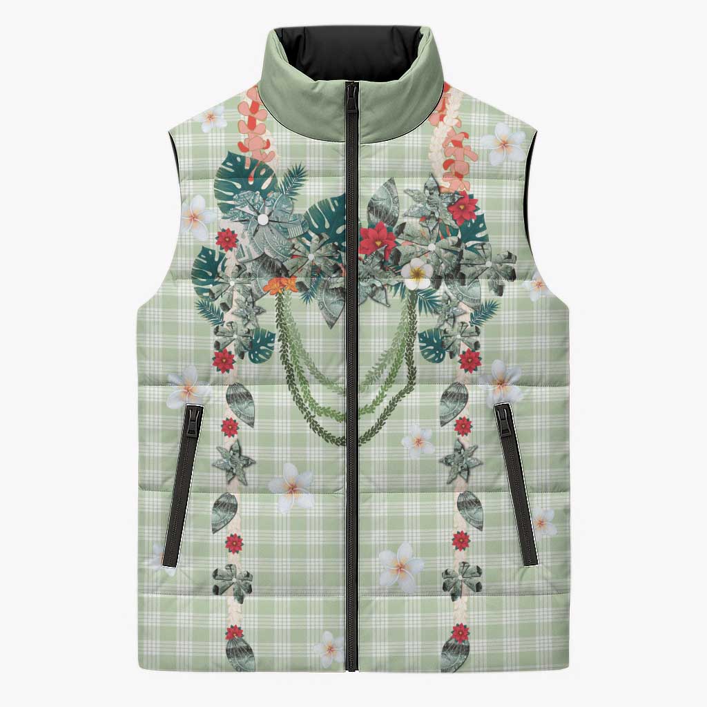 Sage Green Hawaiian Palaka Sleeveless Puffer Jacket Kukui Nut Money Lei - Polynesian Pride