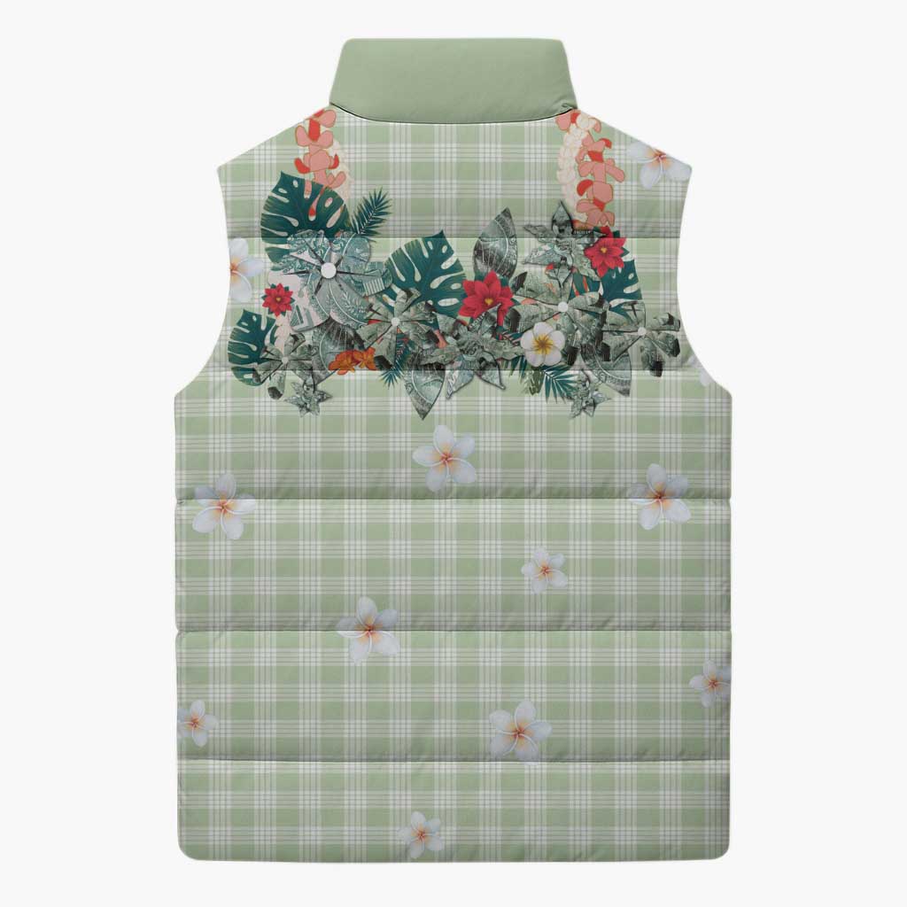 Sage Green Hawaiian Palaka Sleeveless Puffer Jacket Kukui Nut Money Lei - Polynesian Pride