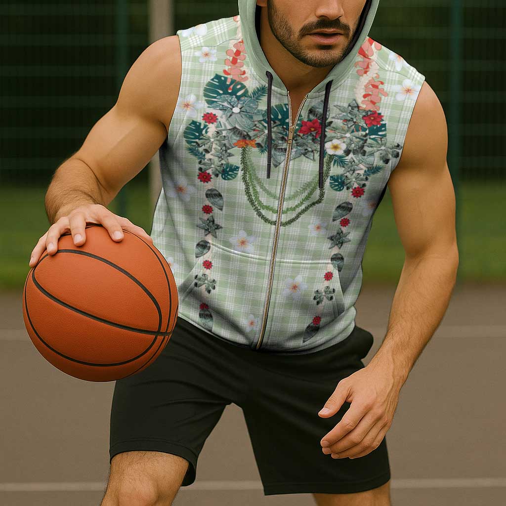 Sage Green Hawaiian Palaka Sleeveless Zip Hoodie Kukui Nut Money Lei - Polynesian Pride