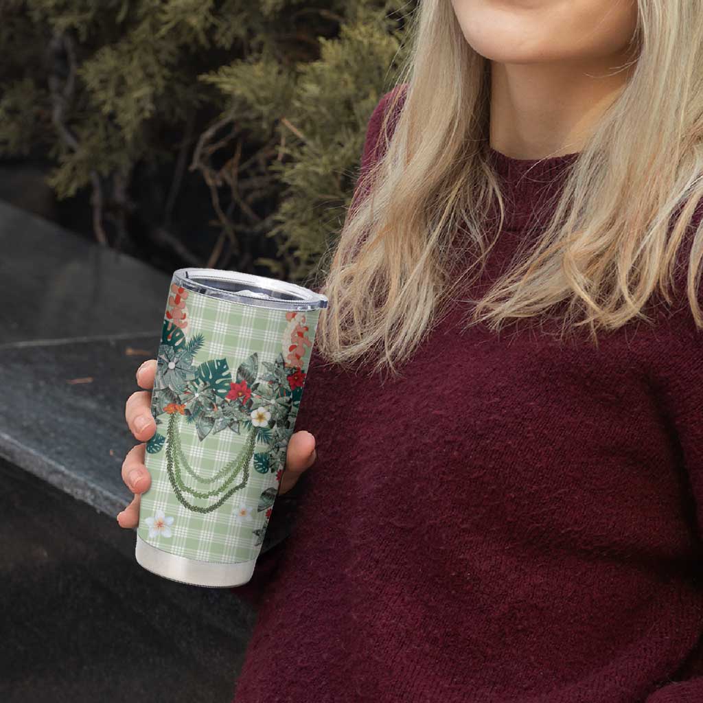 Sage Green Hawaiian Palaka Tumbler Cup Kukui Nut Money Lei - Polynesian Pride