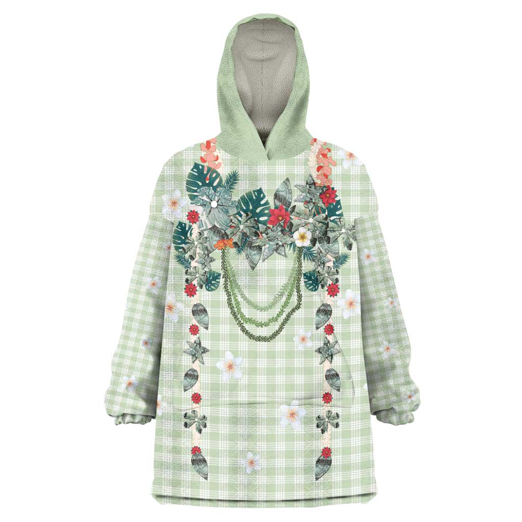 Sage Green Hawaiian Palaka Wearable Blanket Hoodie Kukui Nut Money Lei - Polynesian Pride