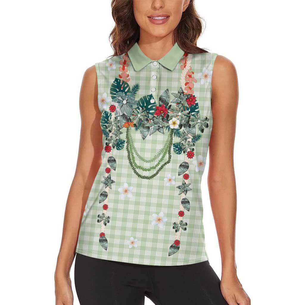 Sage Green Hawaiian Palaka Women Sleeveless Polo Shirt Kukui Nut Money Lei - Polynesian Pride