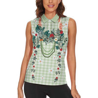 Sage Green Hawaiian Palaka Women Sleeveless Polo Shirt Kukui Nut Money Lei - Polynesian Pride