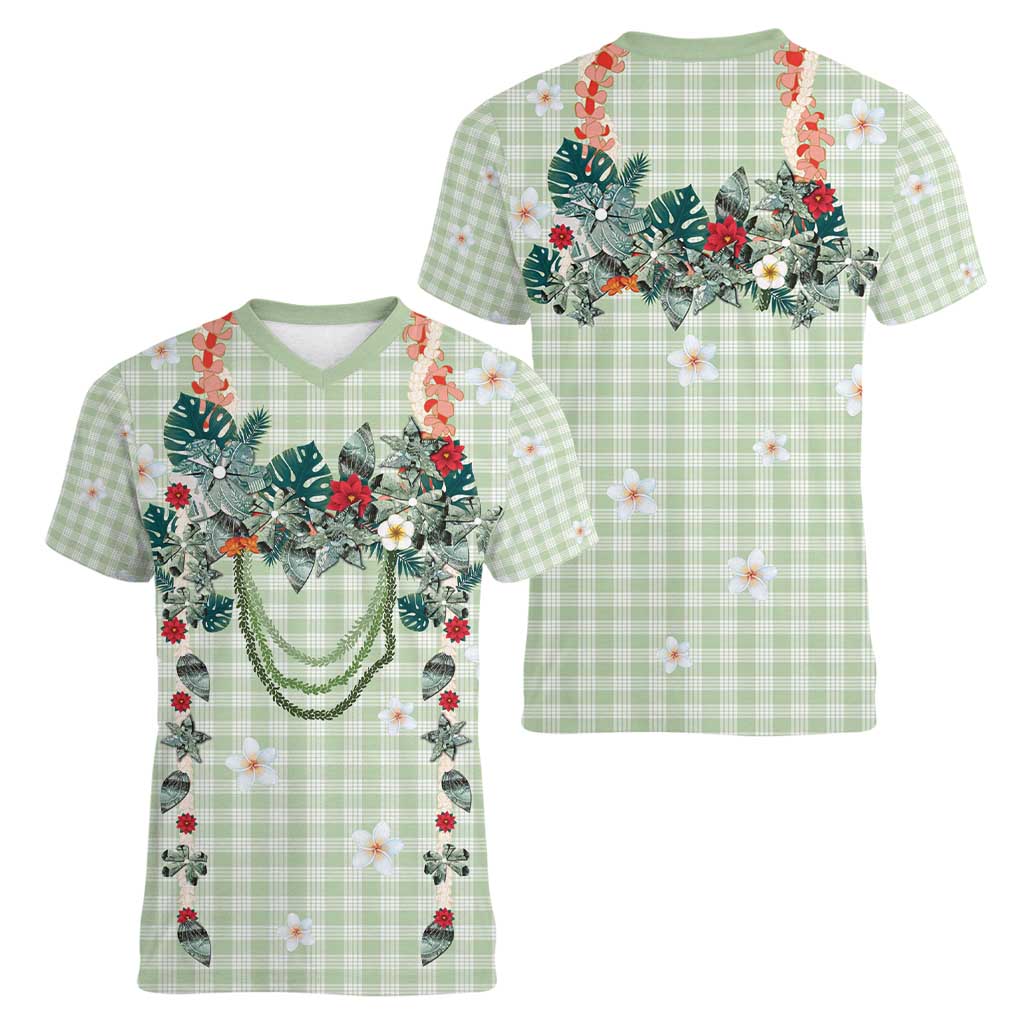 Sage Green Hawaiian Palaka Women V-Neck T-Shirt Kukui Nut Money Lei - Polynesian Pride