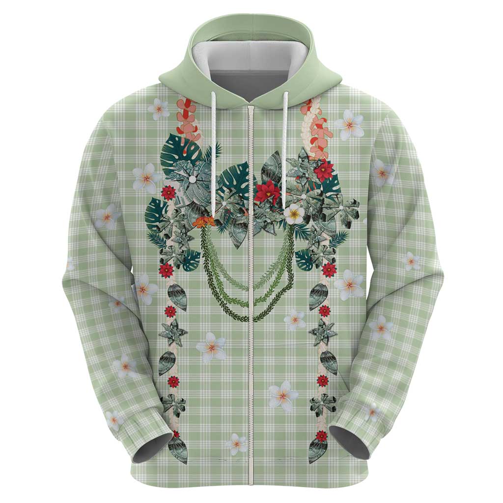 Sage Green Hawaiian Palaka Zip Hoodie Kukui Nut Money Lei - Polynesian Pride