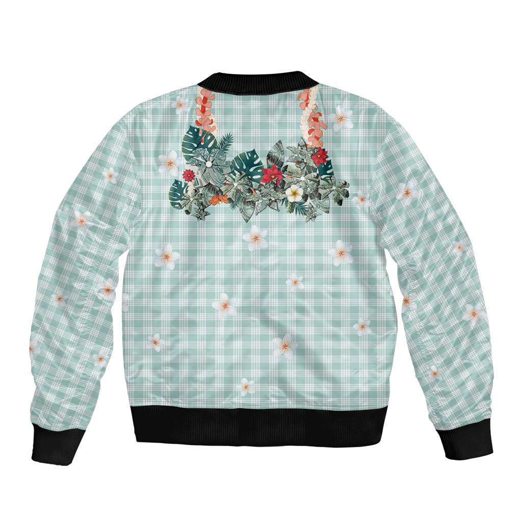 Turquoise Hawaiian Palaka Bomber Jacket Kukui Nut Money Lei - Polynesian Pride