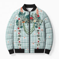 Turquoise Hawaiian Palaka Bomber Puffer Jacket Kukui Nut Money Lei - Polynesian Pride