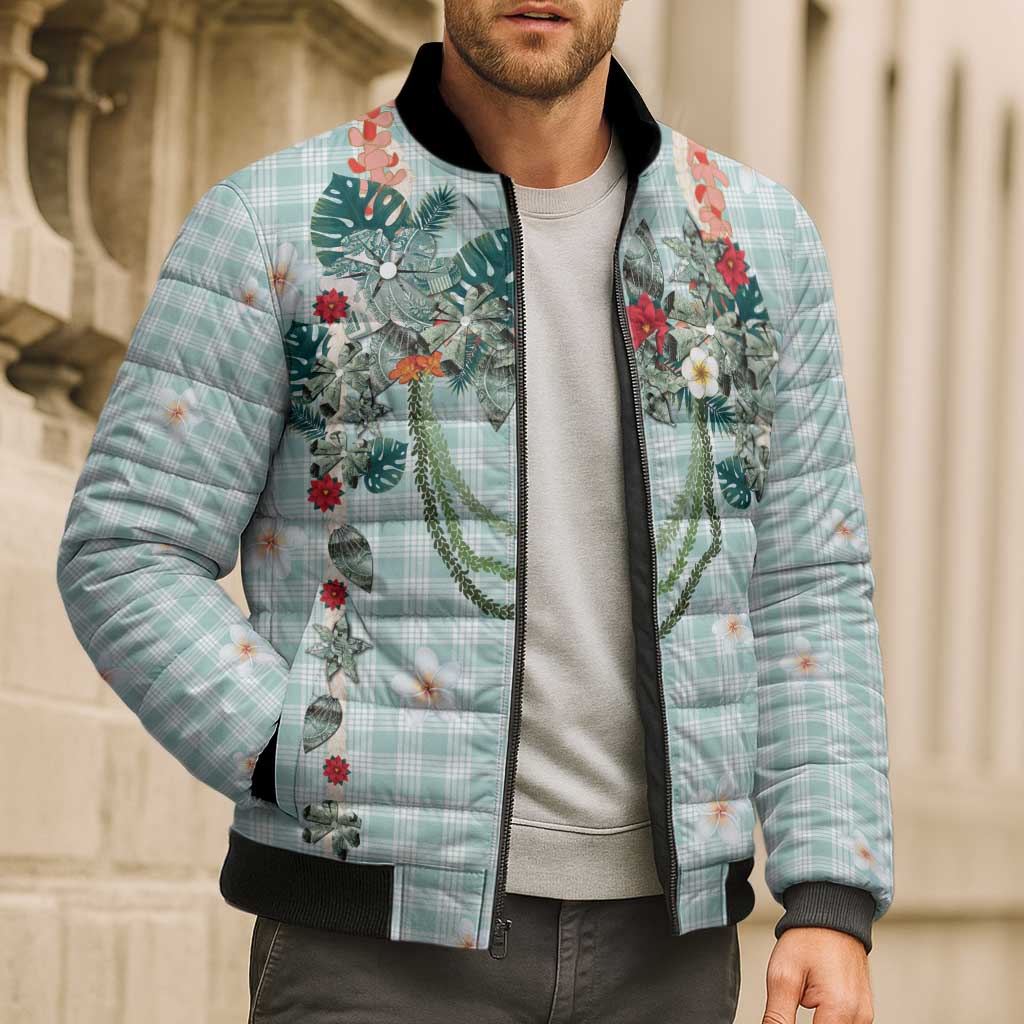 Turquoise Hawaiian Palaka Bomber Puffer Jacket Kukui Nut Money Lei - Polynesian Pride