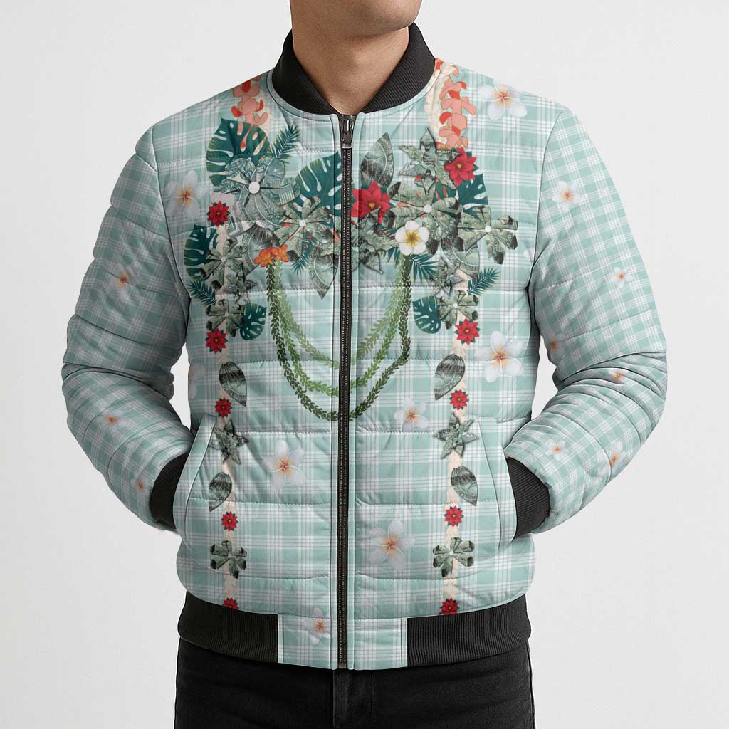 Turquoise Hawaiian Palaka Bomber Puffer Jacket Kukui Nut Money Lei - Polynesian Pride