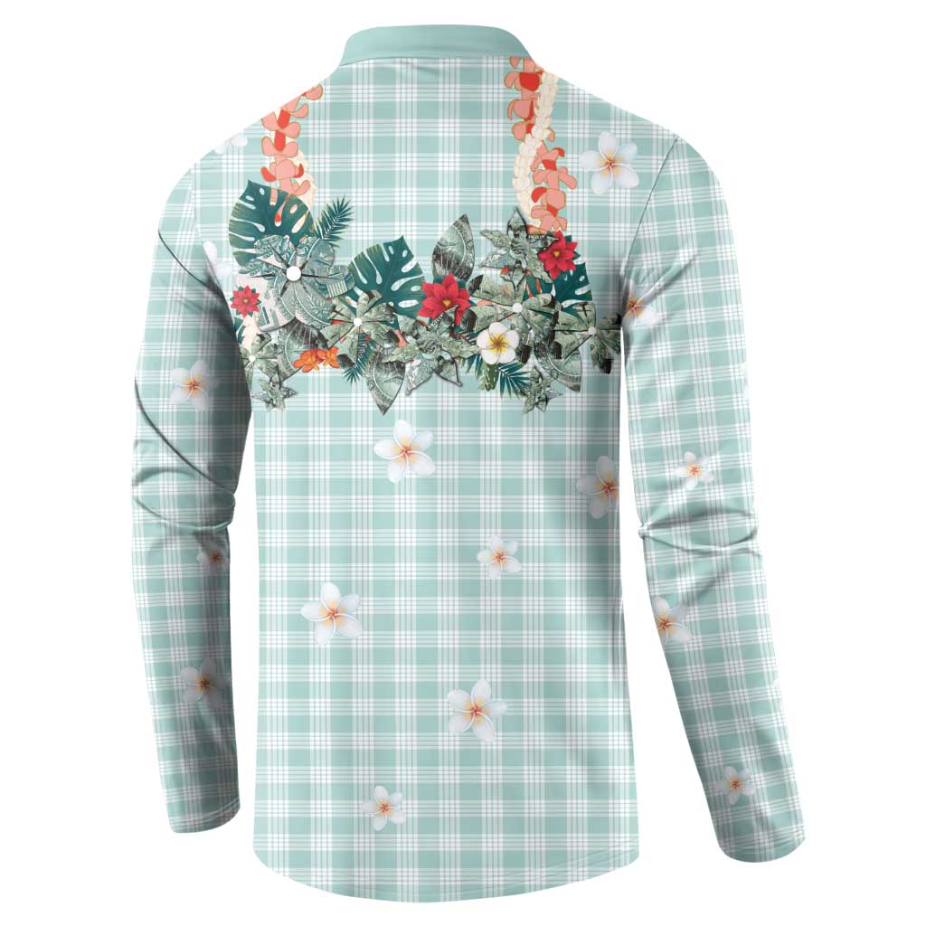 Turquoise Hawaiian Palaka Button Sweatshirt Kukui Nut Money Lei - Polynesian Pride