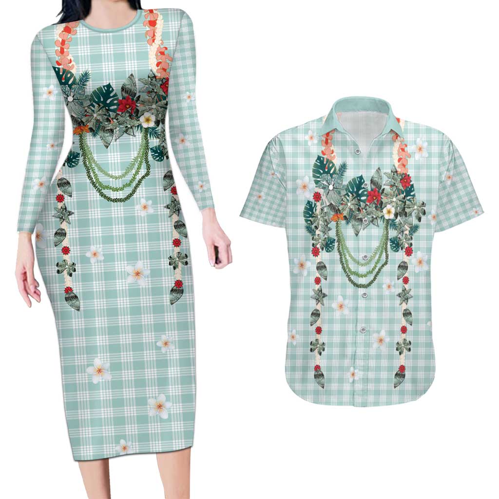 Turquoise Hawaiian Palaka Couples Matching Long Sleeve Bodycon Dress and Hawaiian Shirt Kukui Nut Money Lei - Polynesian Pride