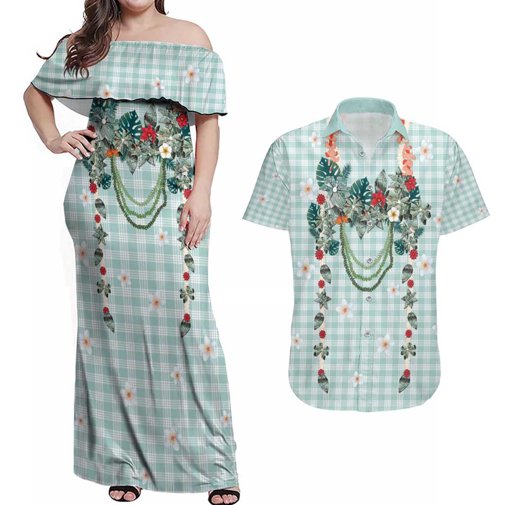 Turquoise Hawaiian Palaka Couples Matching Off Shoulder Maxi Dress and Hawaiian Shirt Kukui Nut Money Lei - Polynesian Pride