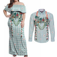 Turquoise Hawaiian Palaka Couples Matching Off Shoulder Maxi Dress and Long Sleeve Button Shirt Kukui Nut Money Lei - Polynesian Pride