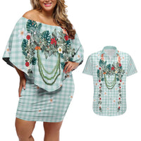 Turquoise Hawaiian Palaka Couples Matching Off Shoulder Short Dress and Hawaiian Shirt Kukui Nut Money Lei - Polynesian Pride