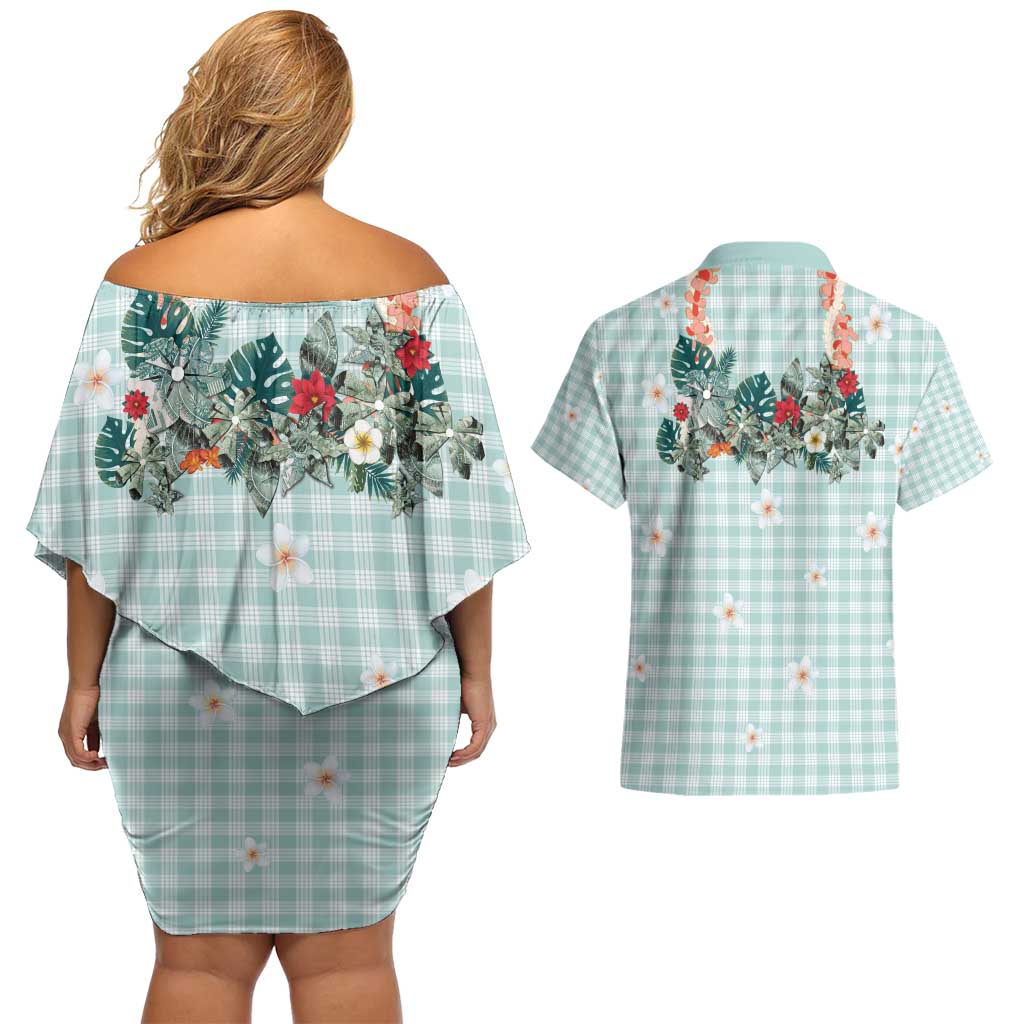Turquoise Hawaiian Palaka Couples Matching Off Shoulder Short Dress and Hawaiian Shirt Kukui Nut Money Lei - Polynesian Pride