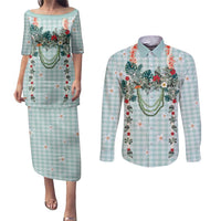 Turquoise Hawaiian Palaka Couples Matching Puletasi and Long Sleeve Button Shirt Kukui Nut Money Lei - Polynesian Pride