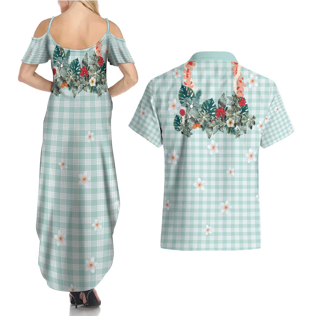 Turquoise Hawaiian Palaka Couples Matching Summer Maxi Dress and Hawaiian Shirt Kukui Nut Money Lei - Polynesian Pride