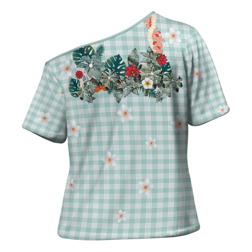 Turquoise Hawaiian Palaka Cross Shoulder Shirt Kukui Nut Money Lei - Polynesian Pride